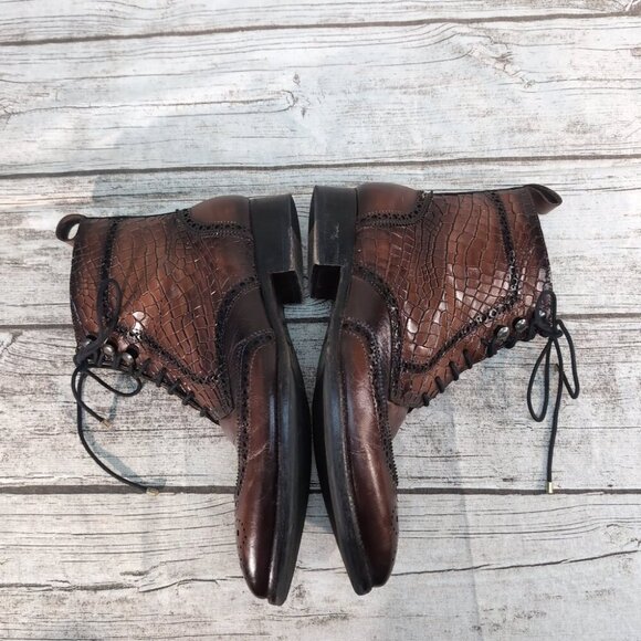 Lehato Brown Embossed Leather Wingtip Brogue Lace-Up Boots – Men’s US 7.5–8 - Picture 7 of 11